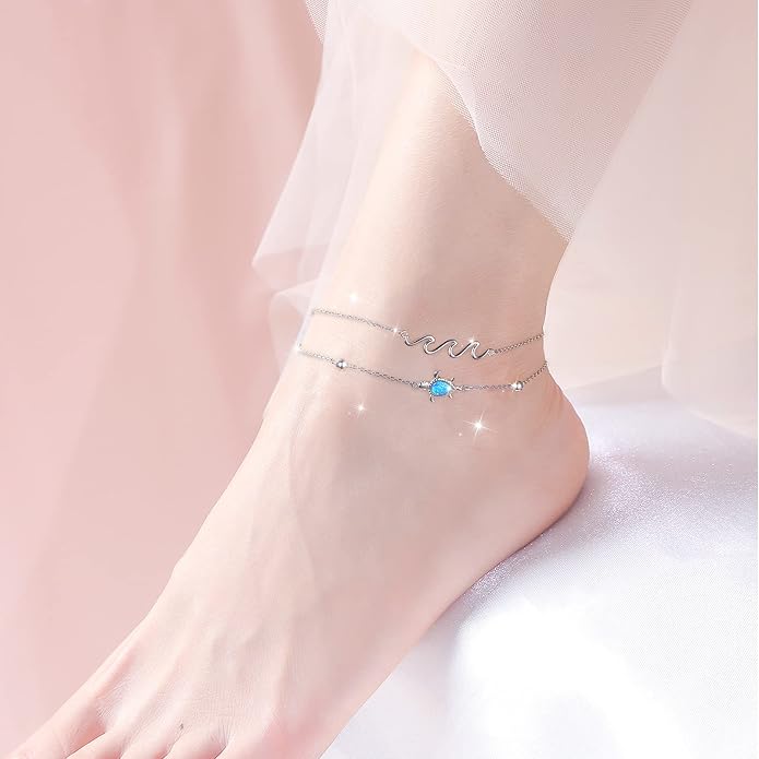 Flyow Anklet for Women S925 Sterling Silver Adjustable Foot Beaded Heart Charm Ankle Bracelet Anklets Jewelry