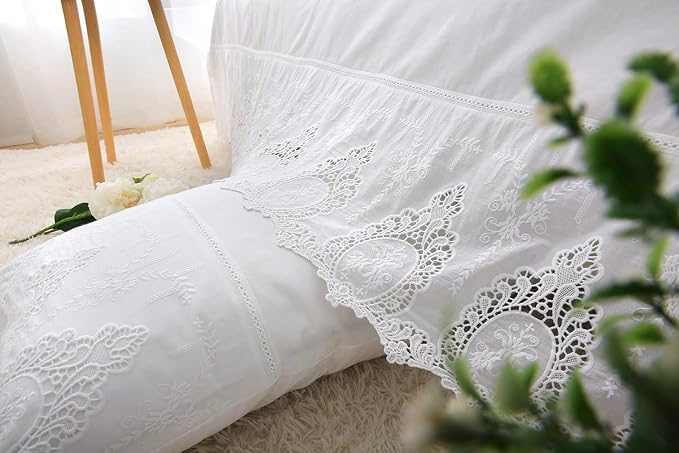 2-Pack White Hollowed Out Lace Pillowcases Battenburg Lace Pillow Shams French Luxury Elegant Look 100% Cotton Standard Size