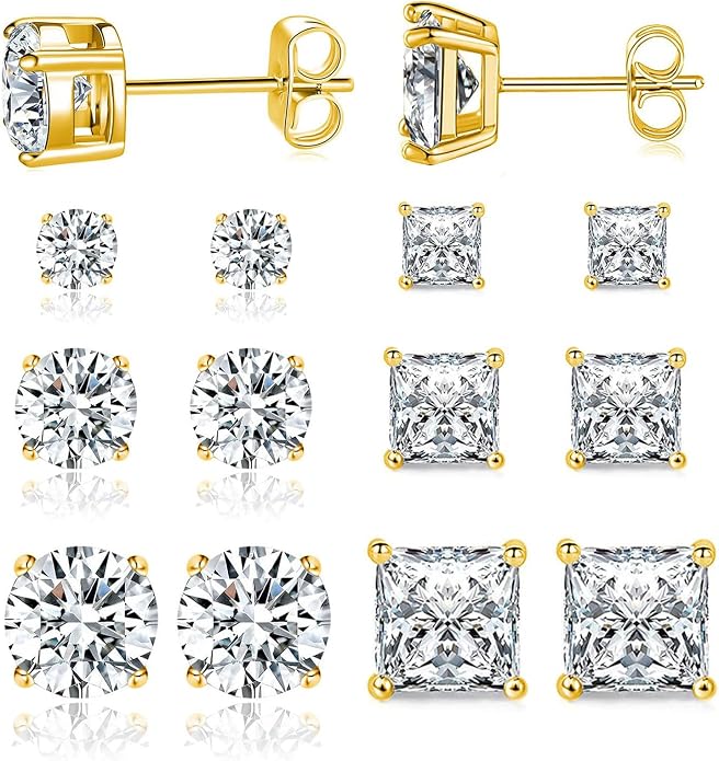 MDFUN 6 Pairs Stud Earrings Set 3mm/5mm/7mm Princess & Round Cubic Zirconia Earrings Hypoallergenic 316L Surgical Stainless Steel CZ Earrings for Women Men
