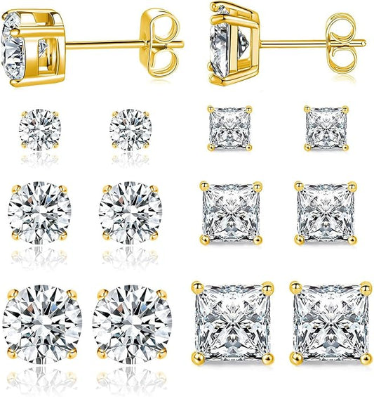 MDFUN 6 Pairs Stud Earrings Set 3mm/5mm/7mm Princess & Round Cubic Zirconia Earrings Hypoallergenic 316L Surgical Stainless Steel CZ Earrings for Women Men