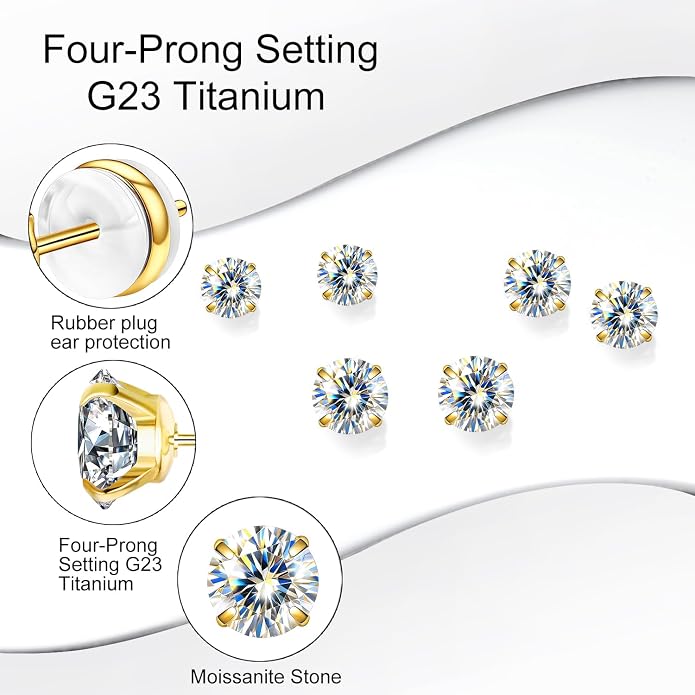 VOJO 3-Pairs G23 Titanium Moissanite Stud Earrings, Hypoallergenic Earrings for Women & Men