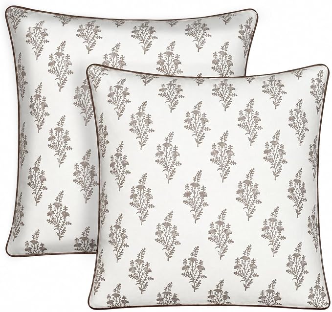 Ridhi Quiet Earth Block Print Pillow Cover 20" x 20" (Pack of 2) Decorative Couch Pillows for Living Room, Farmhouse Chic Boho Cute Outdoor Pillows Covers Gifts for Spring, Mother's Day