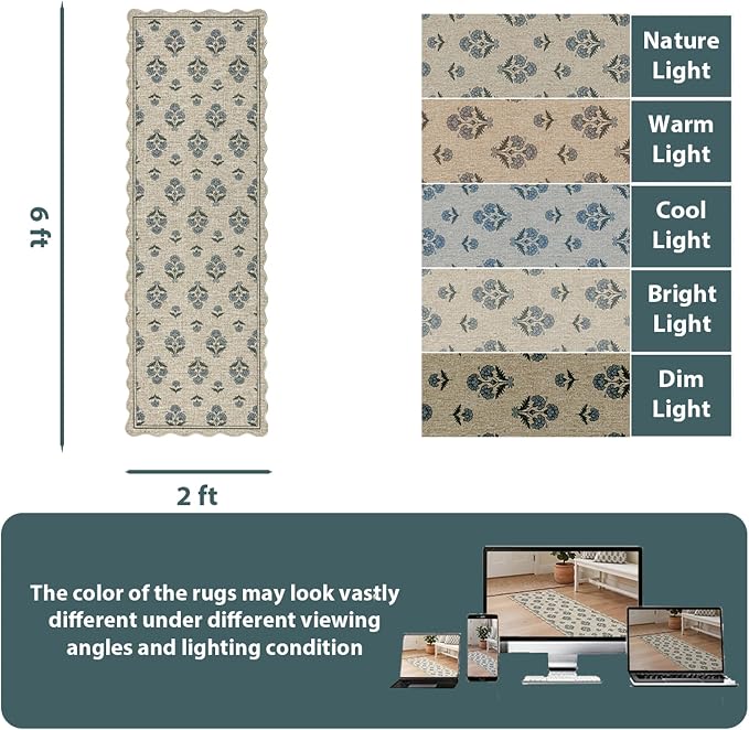 ORTIGIA Scalloped Easy Jute 2x6 Kitchen Runner Rug Vintage Blue Block Floral Farmhouse Washable Rug Non-Slip Outdoor Carpet for Entryway Indoor Hallway Patio Laundry Room