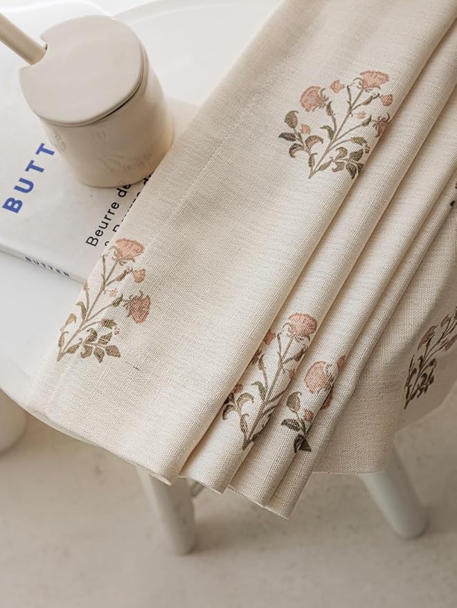 DrapePalette - Linen Blend Pinch Pleated Curtains 84 Inches Long for Living Room, Bedroom, Dining Room, Light Filtering Curtains 2 Panels Set, Modern Floral Printed Design, Beige White, 30" W x 84" L