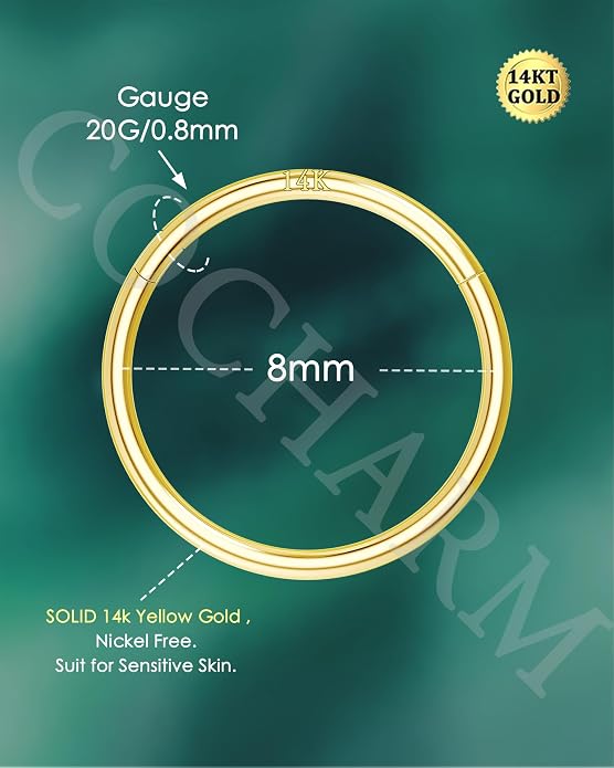 COCHARM 14K Solid Gold 18g/16g Nose Rings 16G Septum Rings Yellow Gold Tragus Helix Cartilage Conch Earring Hoops 18 Gauge Piercing Hoop