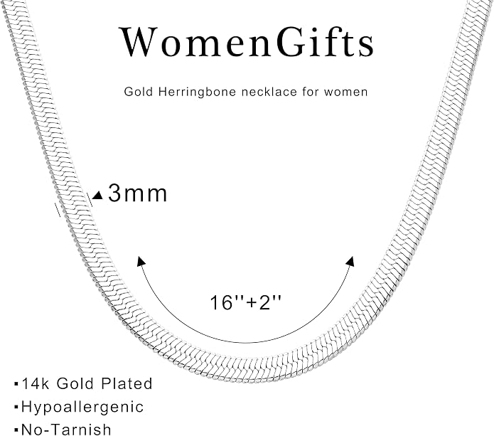 WomenGifts 14K Gold Silver Plated Herringbone Necklace for Women, Dainty Snake Chain Choker, Trendy Simple Long Layered Jewelry Non Tarnish, 3/4/5/8mm,14,16,18,20,22,24,26 Inch Thin & Chunky Options