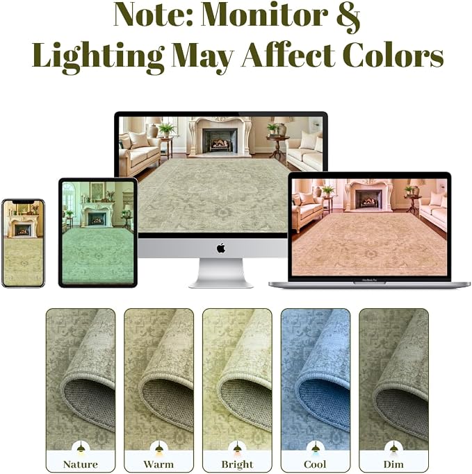Homemate Washable Rug 10x14 Area Rugs - Vintage Faux Wool Rugs for Living Room Bedroom Dining Room - Non Slip Foldable Carpet Indoor Area Rug for Home Decor（10'x14', Green