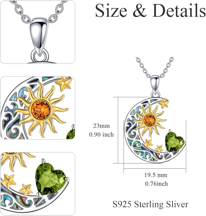 AOBOCO 925 Sterling Silver Sun and Moon Star Pendant Necklace with Simulated Birthstone, Birthday Christmas Jewelry Gift for Women Teen Girls