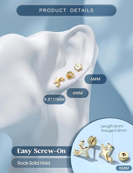ORAZIO 925 Sterling Silver Flat Back Stud Earrings for Women Hypoallergenic 14K Gold Plated Cartilage Earrings for Sensitive Ears Small CZ Opal Conch Helix Tragus Piercing Jewelry 3 Pairs 20G