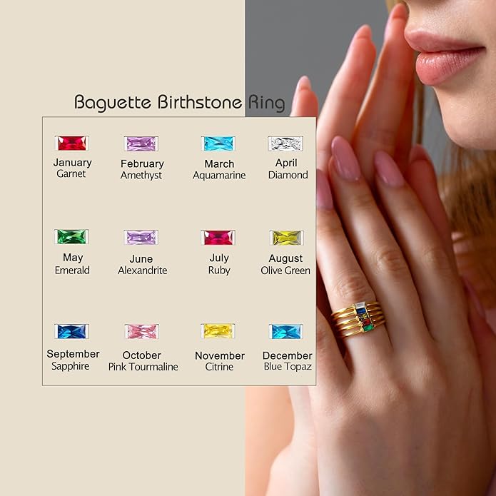 RLMOON Birthstone Rings for Women Non Tarnish Gold Stackable Rings Dainty 14K Gold/Silver Plated Baguette CZ Emerald Green Pinky Ring Personalized Jewelry Gift for Birthday Size 4-10