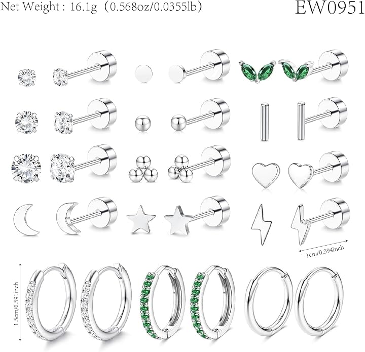 Stainless Steel Stud Earrings Set for Women Hypoallergenic Flat Back Cartilage Earrings Screw Back Huggie Hoop Earrings Multiple Piercing Cubic Zirconia Helix Tragus Jewelry