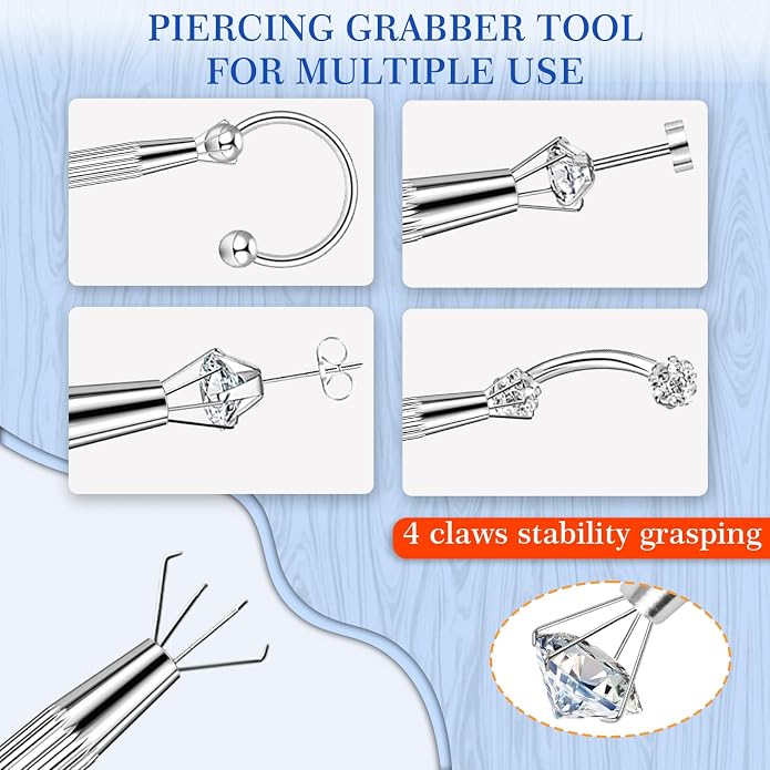 ONESING 2Pcs Piercing Ball Grabber Tool for Changing Jewelry, Stianless Steel Flat Back Earring Applicator Internally Threaded Push Pin Piercing Grabber Tool, Anti Slip 4 Claw Gem Ball Grabber Tool
