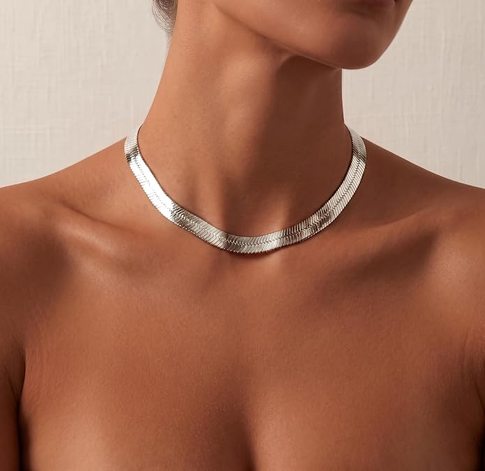 WomenGifts 14K Gold Silver Plated Herringbone Necklace for Women, Dainty Snake Chain Choker, Trendy Simple Long Layered Jewelry Non Tarnish, 3/4/5/8mm,14,16,18,20,22,24,26 Inch Thin & Chunky Options