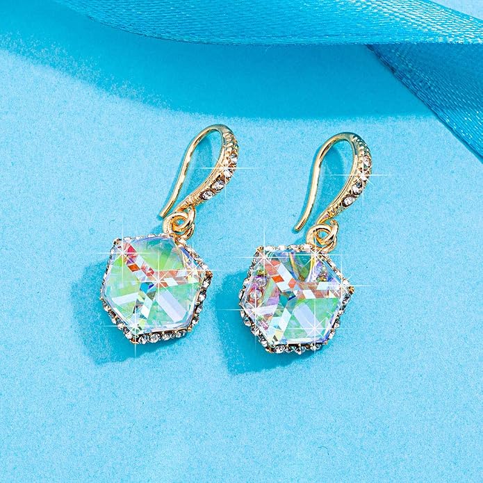 Austrian Crystal Cube Drop Dangle Earrings for Women 14K Gold Plated Hypoallergenic Jewelry