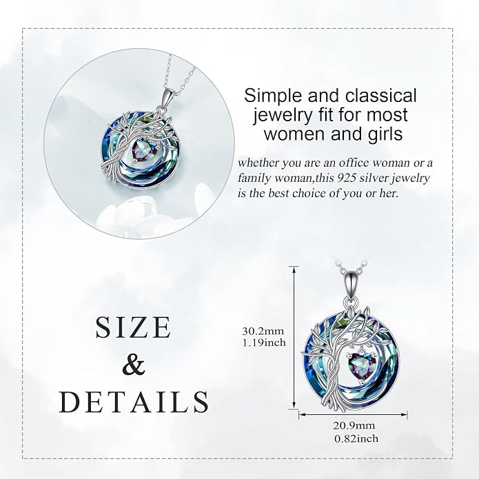 POPLYKE Mothers Day Gifts for Mom Her Wife Tree of Life Necklace 925 Sterling Silver Birthstone Pendant with Crystal Anniversary Birthday Wedding Jewelry for Women