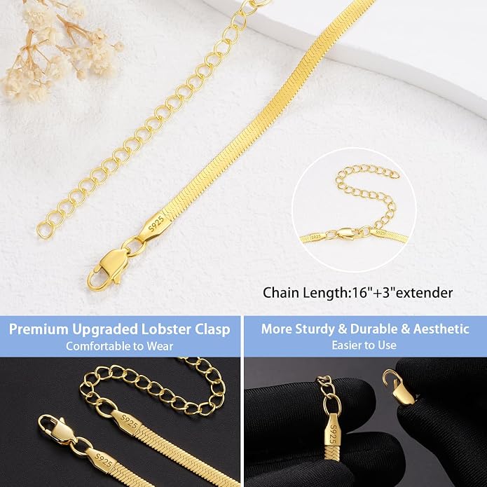Jewlpire 925 Sterling Silver Plated Rope/Cuban/Paperclip/Herringbone Chain Necklaces for Women, 18K Gold Plated Chain Necklace,Hypoallergenic Women's Chain Necklaces 16+3 Inch