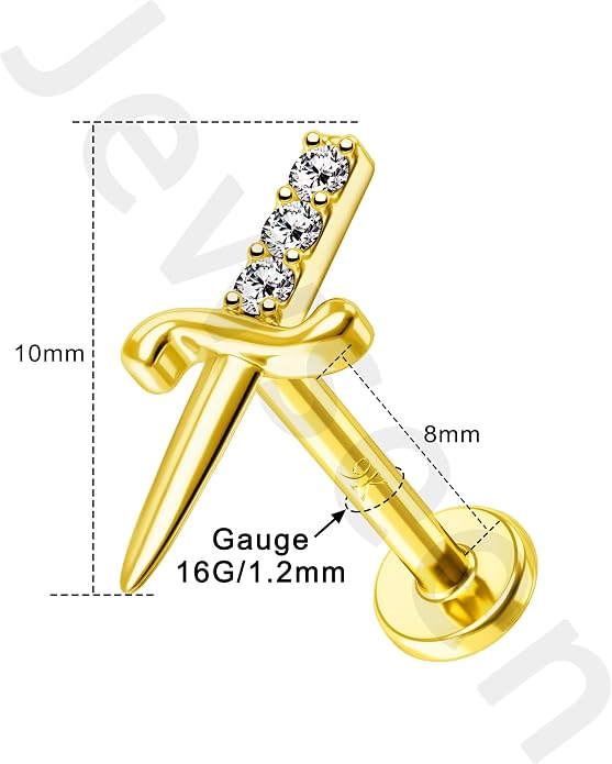 Jewseen 9K Real Solid Gold Flat Back Stud Earring 16G 8mm Internally Threaded Fine Piercing Jewelry for Helix Tragus Lobe Lip