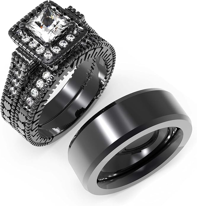 Couple Ring Bridal Set His Hers Women 10k White Gold Filled AAA Cz Men Stainless Steel Wedding Ring Band Set