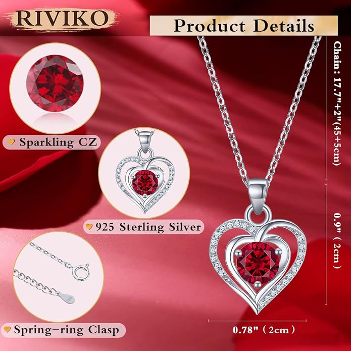 RIVIKO Heart Birthstone Pendant Necklace for Women 925 Sterling Silver Zirconia Necklaces Valentine's Day Anniversary Birthday Mothers Day Jewelry Gifts For Her Mother Wife