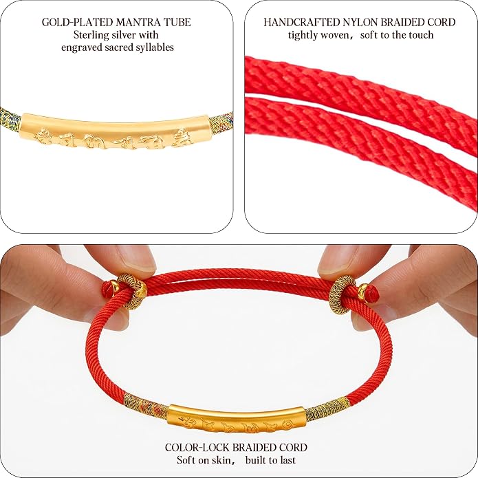 Tibetan Handmade Mani Mantra Red String Bracelet for Women & Men, Sterling Silver Adjustable Lucky Charms Bracelet with Spiritual Meaning, Protection & Positive Energy, Buddhist Red Jewelry for Good Fortune, Includes Gift Box