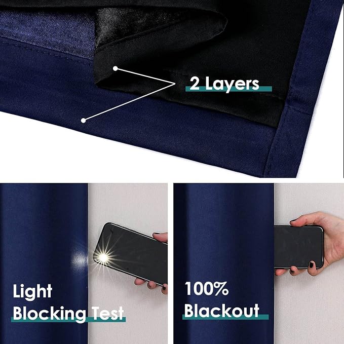 ChrisDowa 100% Blackout Curtains for Bedroom 108 Inches Long 2 Panels Set | 2 Thick Layers, Thermal Insulated, Light Blocking, Grommet, Long Window Drapes, for Living Room, Navy Blue, 52 x 108 Inch