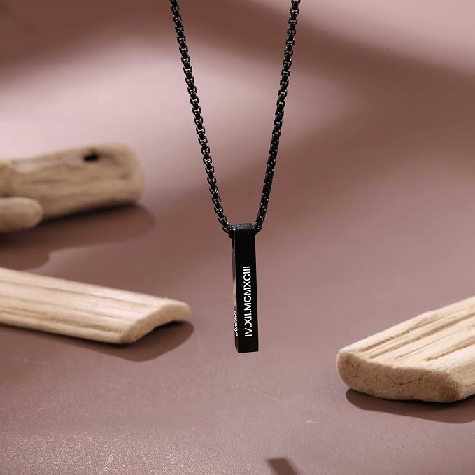 Personalized Men Necklace: Custom Chains For Men, Black 3d Bar Name Pendant, Engraved Necklace for Men, Gift For Dad, Husband, Boyfriend