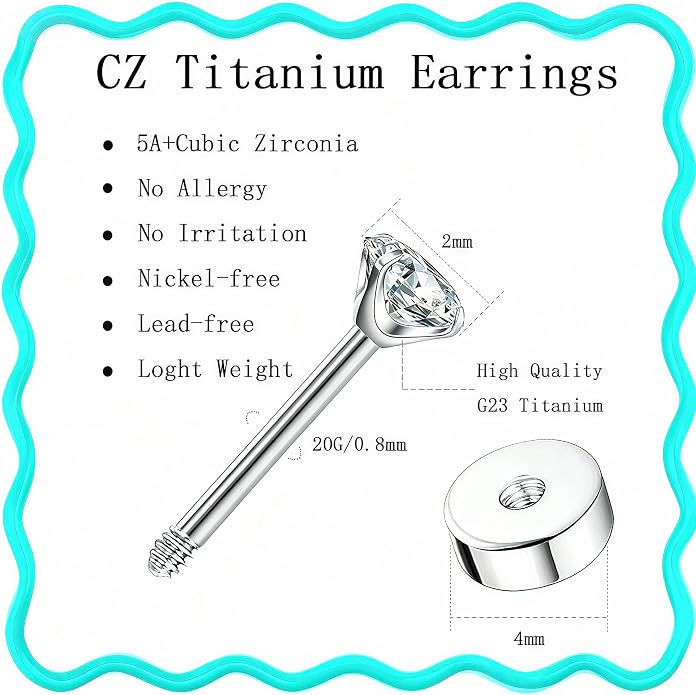 20G Hypoallergenic G23 Titanium Cubic Zirconia Silver Flat Back Earrings for Women and Men,Nickel-Free and Lead-Free Medical Waterproof Studs,Cartilage Stud Earrings for Sensitive Ears,Fashion Piercing Jewelry for Sensitive Skin
