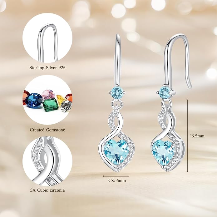 FANCIME Heart Infinity Dangle Drop Earrings 925 Sterling Silver Heart Gemstone Birthstone Earring