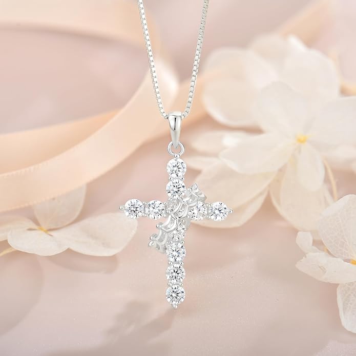 Rotated Crown Cross Necklaces for Women, 925 Sterling Silver Round Cut Zircon Neckalce Pendant With Ring Birthstones Jewelry for Her