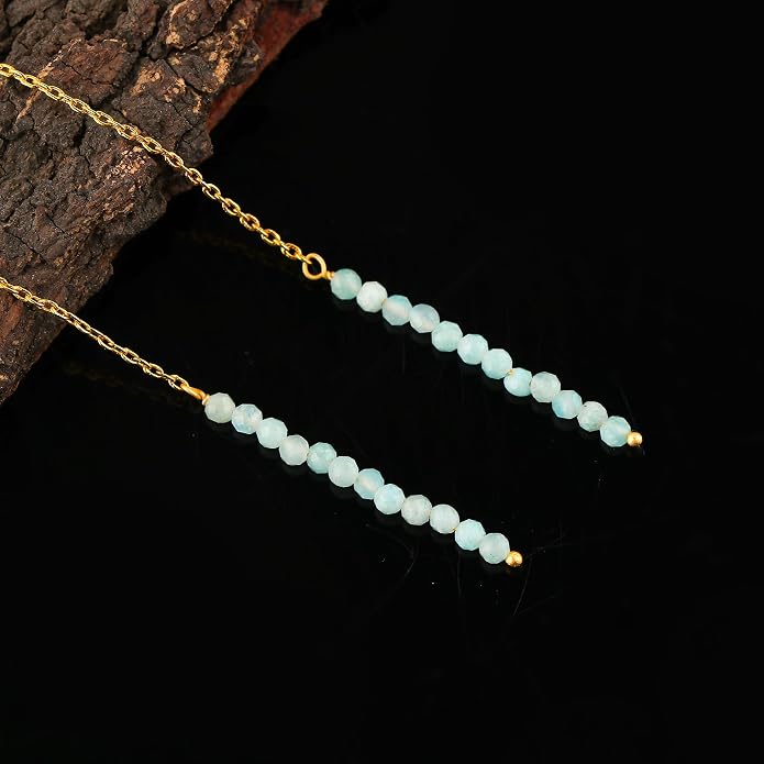 Natural Gemstone Threader Earrings for Women - Dainty 2mm Faceted Beads - Birthstone Crystal Drop Earrings - Silver Plated Healing Jewelry