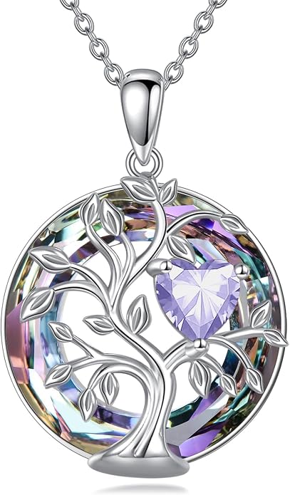 Tree Of Life Birthstone Necklace 925 Sterling Silver Crystal Family Tree Pendant Necklaces Heart Birthstone Jewelry For Women Female Anniversary Birthday Gifts