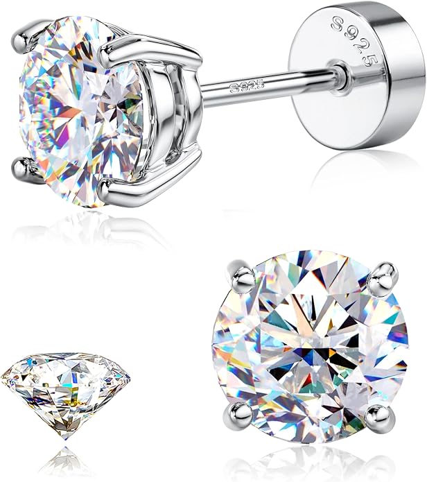 GEMQUEEN Moissanite Earrings Studs : 18K Gold Plated Solid 925 Sterling Silver Stud Earring for Women Men Hypoallergenic Dainty Moissanite Jewelry for Sensitive Ears Round Cut D Color VVS1 2-7.5mm