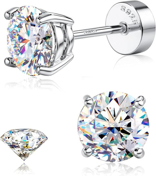 GEMQUEEN Moissanite Earrings Studs : 18K Gold Plated Solid 925 Sterling Silver Stud Earring for Women Men Hypoallergenic Dainty Moissanite Jewelry for Sensitive Ears Round Cut D Color VVS1 2-7.5mm