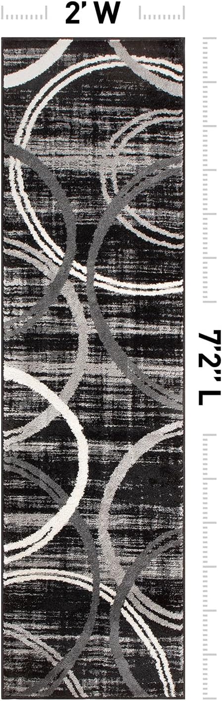 Rugshop Wavy Circles Modern Non-Shedding Runner Rug Black 2' x 7'2"