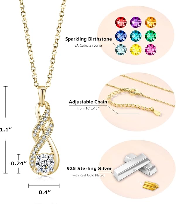 Birthstone Necklaces for Women 925 Sterling Silver Infinity Pendant Created Gemstone Jewelry for Her, 16"+2"