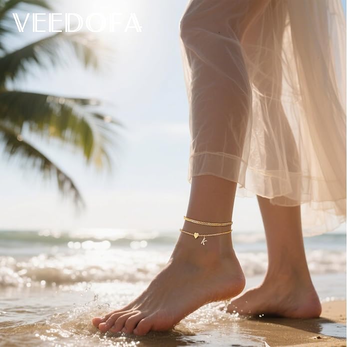Initial Ankle Bracelets for Women 14K Gold Plated Dainty Layered Letter Heart Initial Anklet Bracelets Summer Beach Jewelry for Women
