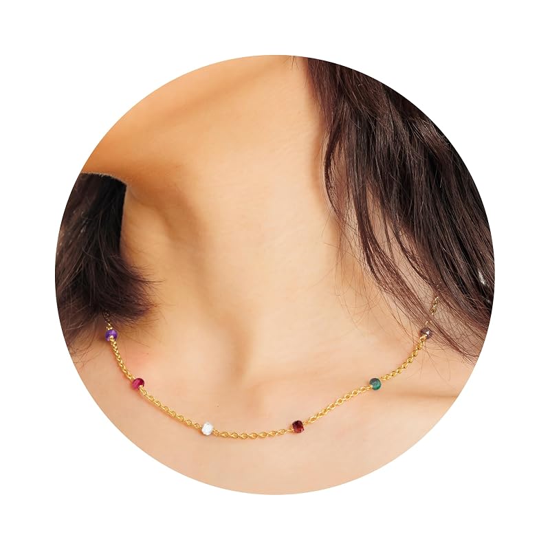 Multi Stone Necklace for Women, Premium Beaded Gold Necklaces for Women - Tarnish Free 18K Gold Vermeil Certified S925 Classic Statement Necklace Gold Jewelry for Women - Mothers Day Gift for Mom Wife