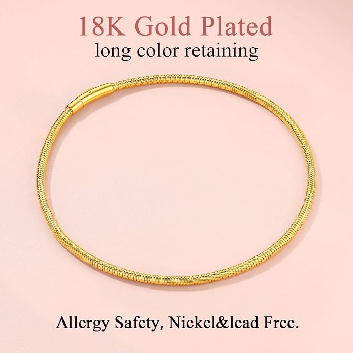 FindChic Black/14K Gold Plated Herringbone Choker Chain Necklace for Women | Waterproof Stainless Steel, Dainty Layering, Flat Snake Chain, Non-Tarnish, Hypoallergenic, Adjustable Extender, Gift Box