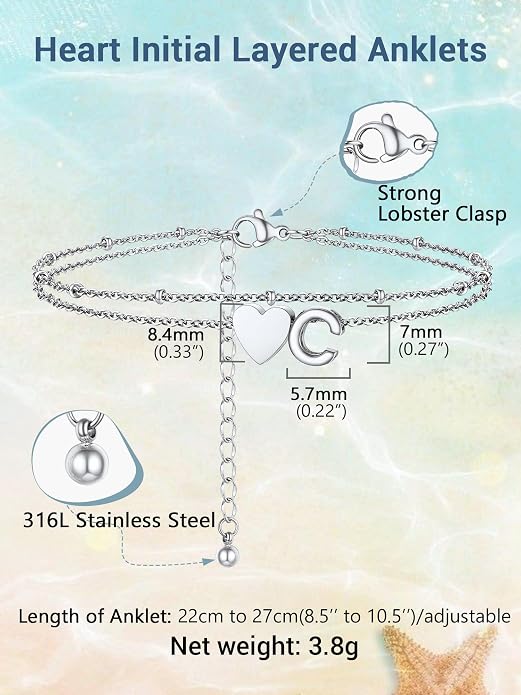 Initial Ankle Bracelets for Women, Dainty Stainless Steel Letter A-Z Layered Anklets, Heart Ankle Bracelet 8.5"-10.5" Adjustable, Summer Beach Jewelry, Come with Box