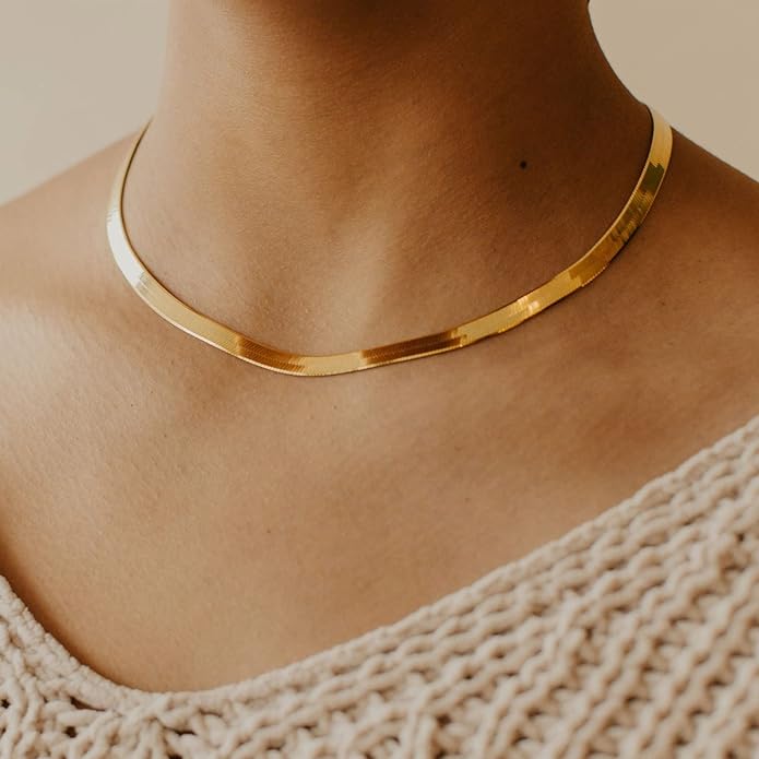 DEARMAY 14K Gold Plated Herringbone Necklaces for Women, Dainty Gold Snake Choker Chain Non Tarnish Trendy Simple Thin & Chunky Options Neckalce 1.5/3/5/6/8mm Chain Jewelry for Gifts
