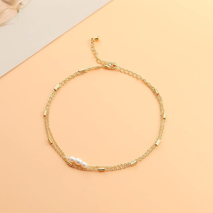 Pencros Dainty Layered Anklet,14K Gold Filled Cute Beads Satellite Chain Heart Boho Adjustable Anklets for Women