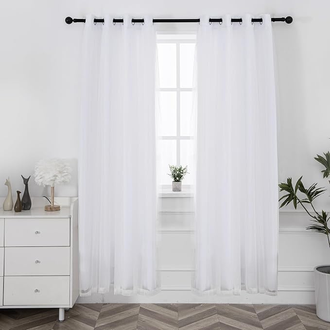 INLINAS Greyish White Blackout Curtains with Sheer Overlay - Grommet Top Thermal and Noise Reduction Panels for Bedroom and Living Room Light Blocking and Energy Saving, 52 x 96 Inches, Set of 2