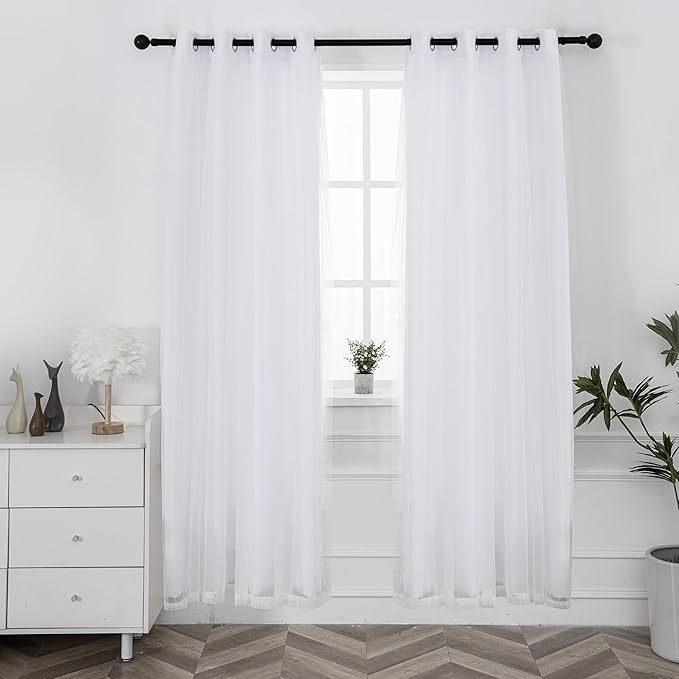 INLINAS Greyish White Blackout Curtains with Sheer Overlay - Grommet Top Thermal and Noise Reduction Panels for Bedroom and Living Room Light Blocking and Energy Saving, 52 x 108 Inches, Set of 2
