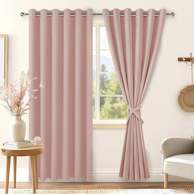 Hiasan Room Darkening Curtains for Bedroom, 70 x 84 Inches - Blackout Thermal Insulated Window Drapes for Living Room/Dorm Room, Set of 2 Panels Sewn with Tiebacks, Blush