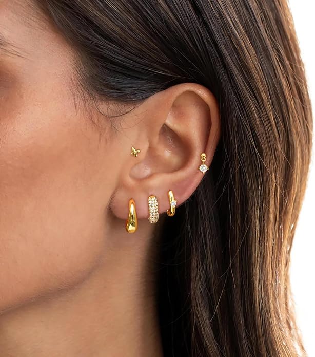 Small Chunky Stud Hoop Stacks Earrings for Women Hypoallergenic Silver Gold Flat Back Stud for Sensitive Ears Small 14K Gold Plated Huggie Cubic Zirconia Cartilage Earrings Set for Multiple Piercing Jewelry Gifts for Women 5 Pairs