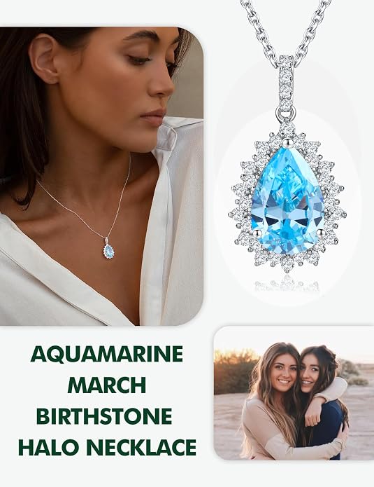925 Sterling Silver Teardrop Necklace for Women Huge Created Gemstone Solitaire Halo Pendant Pear Cut Birthstone Necklace
