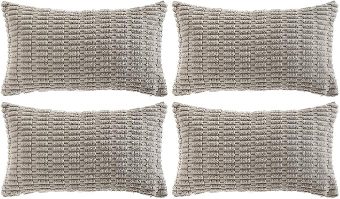 Fancy Homi 4 Packs Grey Decorative Throw Pillow Covers 14x24 Inch for Living Room Couch Bed, Rustic Modern Farmhouse Boho Home Decor, Soft Plush Corduroy Gray Cute Square Accent Cushion Case 35x60 cm