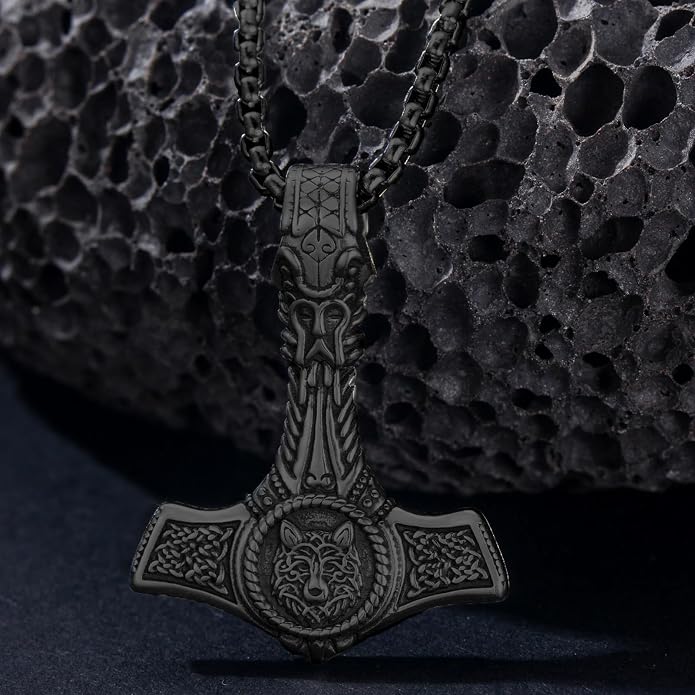 PROESS Thors Hammer Necklace Sterling Silver Celtic Knot Wolf/Lion/Raven Necklace Viking Mjolnir Pendant Jewelry for Men