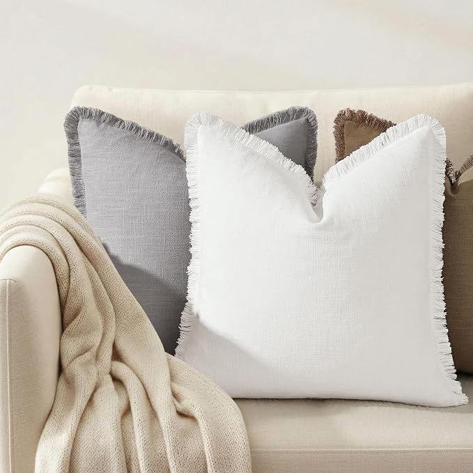 decorUhome Linen Fringe Cream White Throw Pillow Covers 20x20 Set of 2 | Decorative Soft Accent Modern Boho Farmhouse Cushion Covers with Tassels Cotton Pillow Covers for Couch Bed Sofa