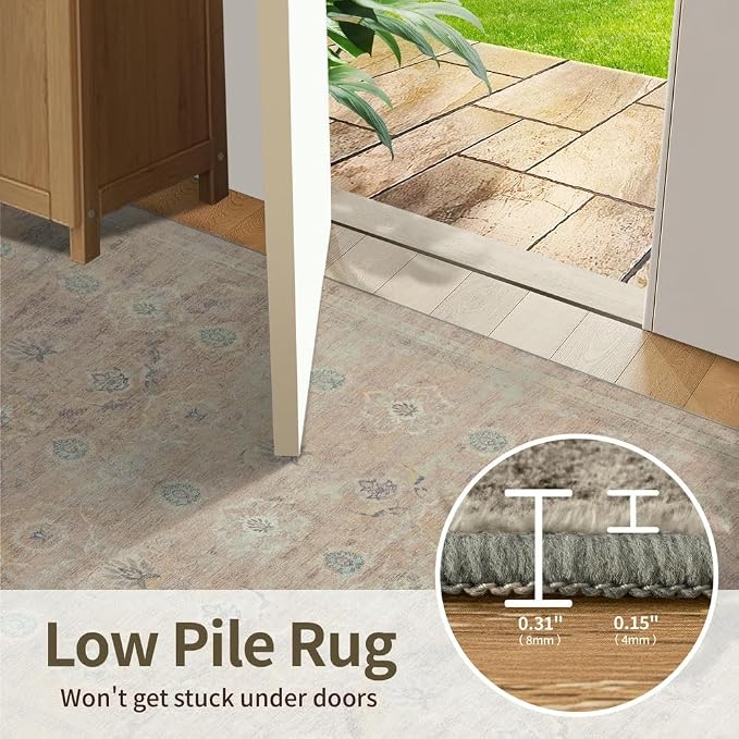 Rugxara Beige 6x9 Area Rugs Washable Rug for Living Room Dining Bedroom | Non Slip, Rug for Office Farmhouse Kids Room, Stain Resistant, Soft, Low Pile, Vintage Boho Floral Retro Carpet, Home Decor
